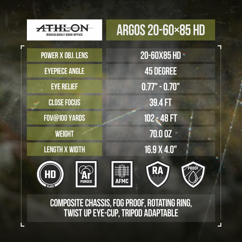 Athlon Optics Argos 20-60×85 HD - 45 Degree Spotting Scope with included Tripod, Carrying Bag Bundle