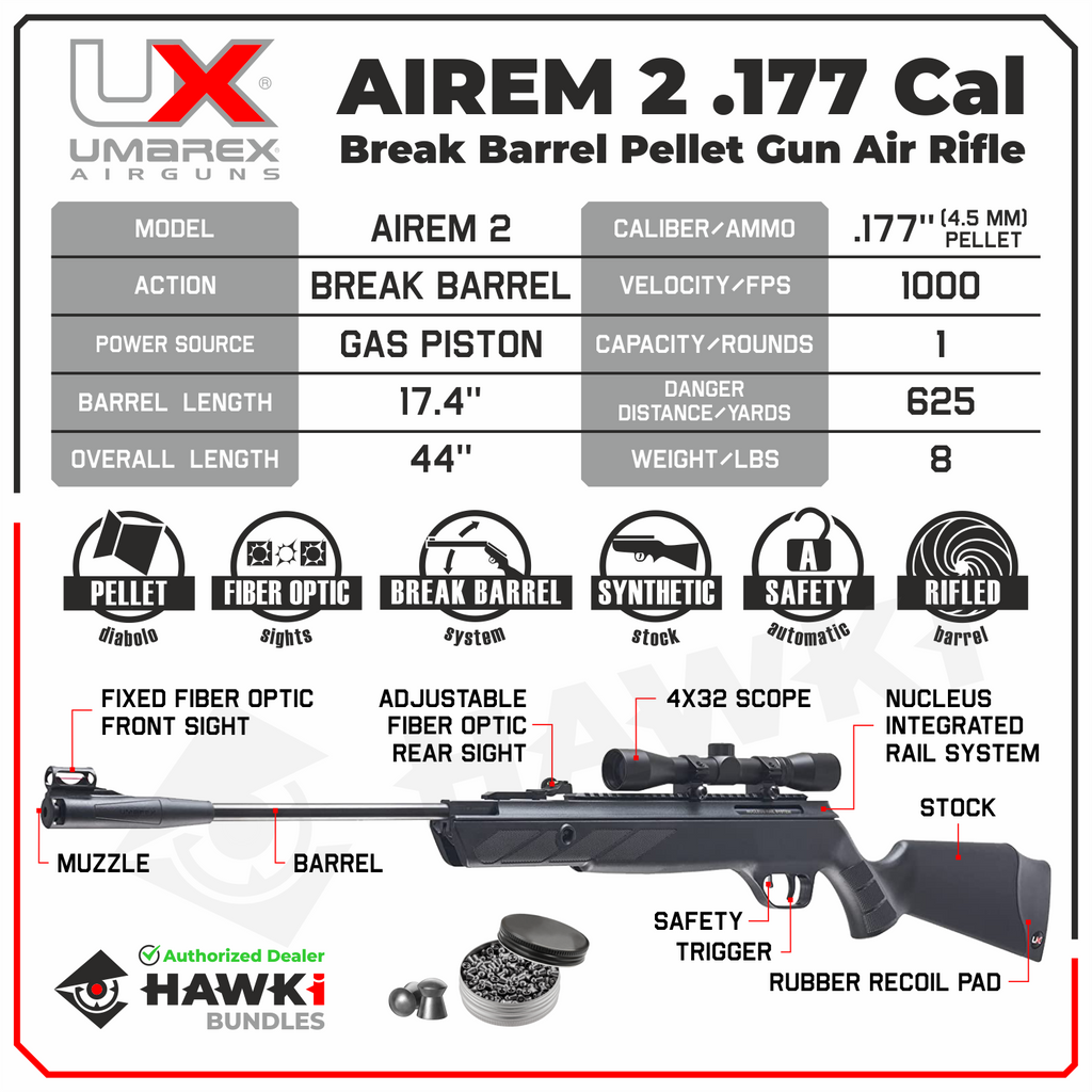 Umarex Airem 2 Break Barrel .177 Caliber Pellet Gun Air Rifle with Pac