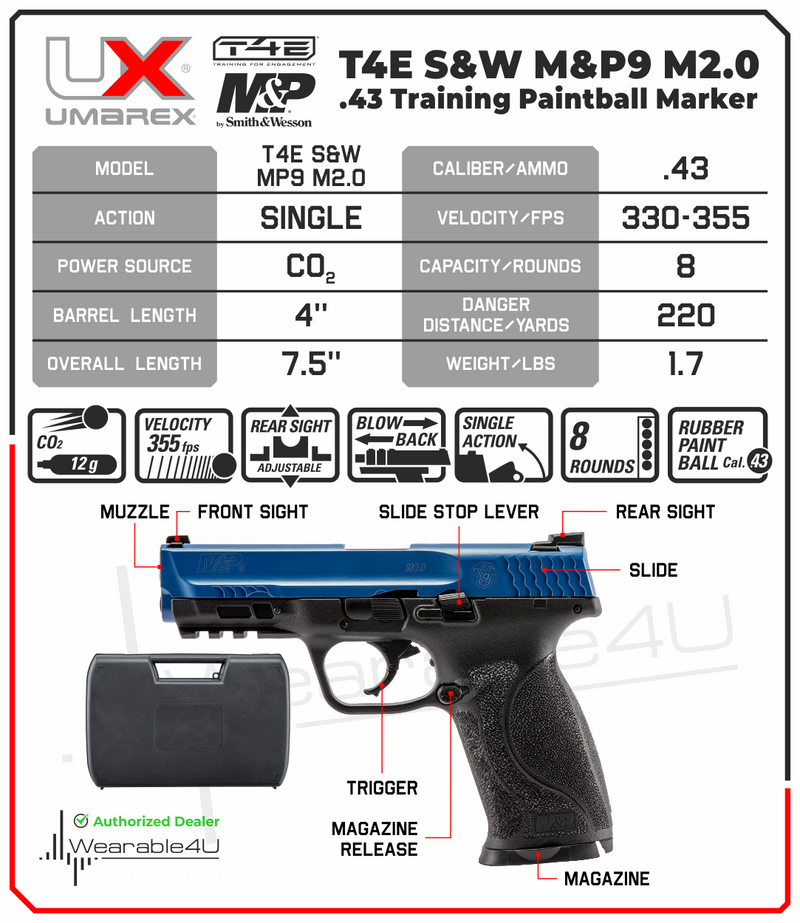 Umarex T4E Smith & Wesson M&P M2.0 .43 Caliber Training Pistol Paintball Gun Marker, LE Blue