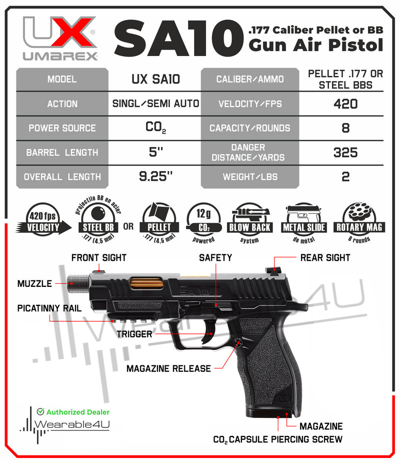 Umarex UX SA10 .177 Pellet or BB Gun Airgun Pistol Black Fram Gold-Style Barrel Air Pistol