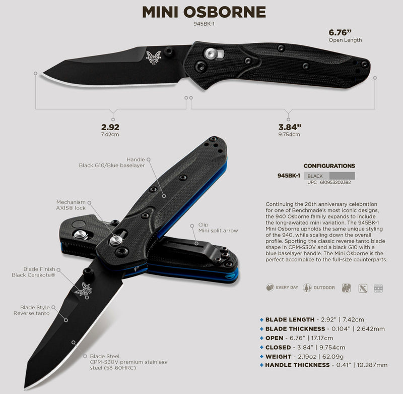 Benchmade Mini Osborne 945BK-1 CPM-S30V (58-60) 2.92" Plain Edge Pocket Knife