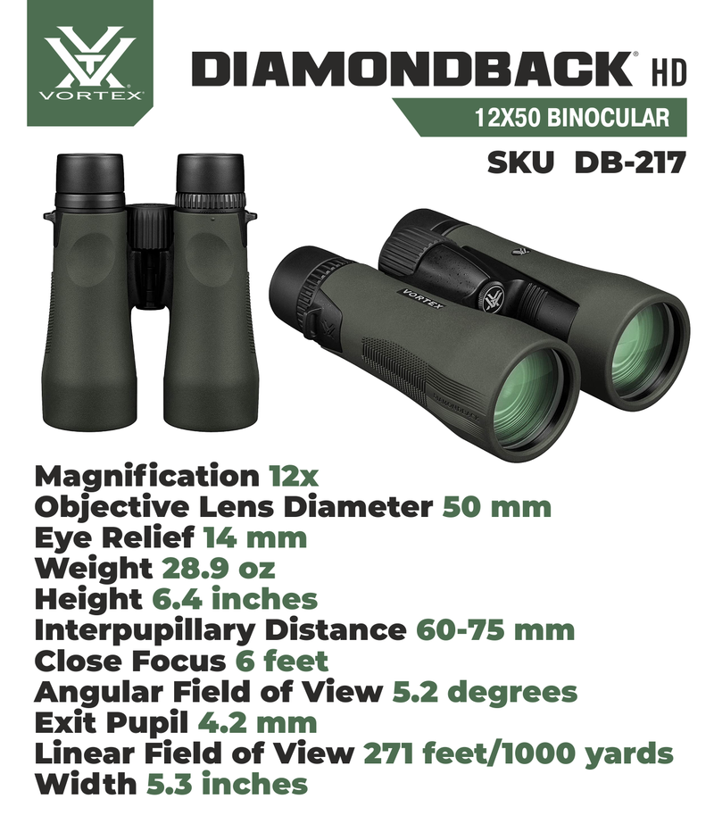 Vortex Optics DB-217 Diamondback HD 12x50 Binocular with Free Hat Bundle