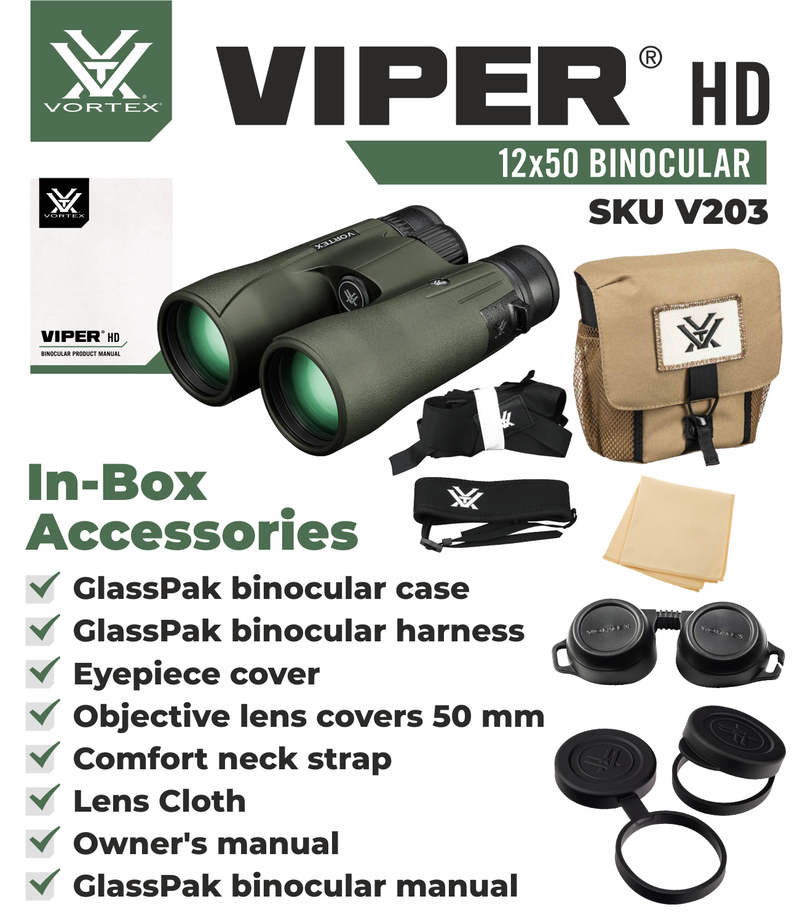 Vortex Optics Viper HD 12x50 Roof Prism Binocular V203 with Free Hat and Wearable4U Bundle