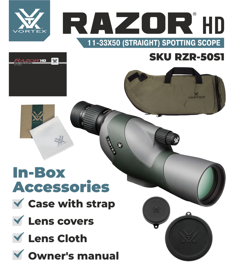 Vortex Optics RZR-50S1 Razor HD 11-33x50 Straight Spotting Scope with Free Hat and Wearable4U Bundle