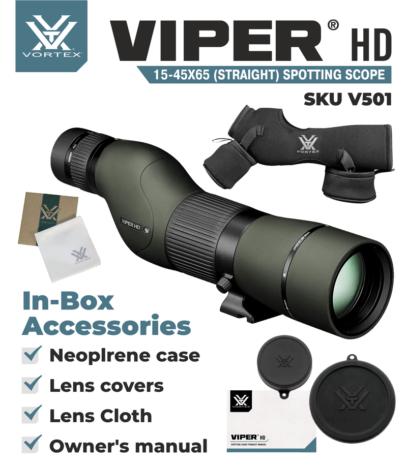 Vortex Optics Viper HD 15-45x65 Straight Spotting Scope V501 with Free Hat and Wearable4U Bundle