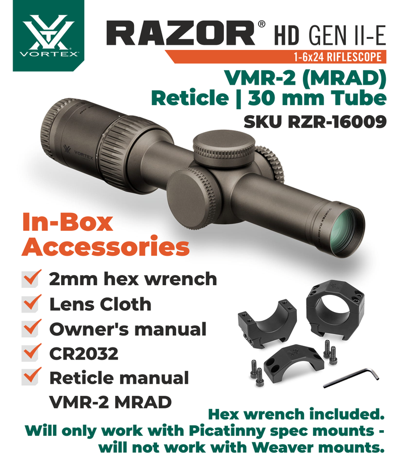 Vortex Optics Razor HD Gen II-E 1-6x24 VMR-2 (MOA/MRAD) Reticle, 30 mm Tube with Rings and