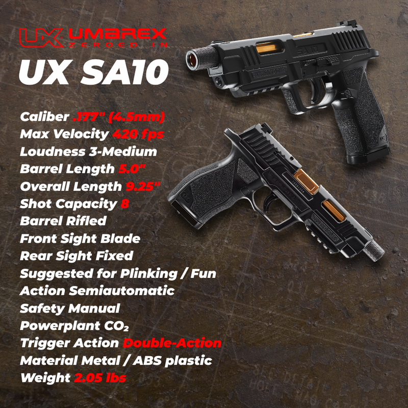Umarex UX SA10 .177 Pellet or BB Gun Airgun Pistol Black Fram Gold-Style Barrel Air Pistol