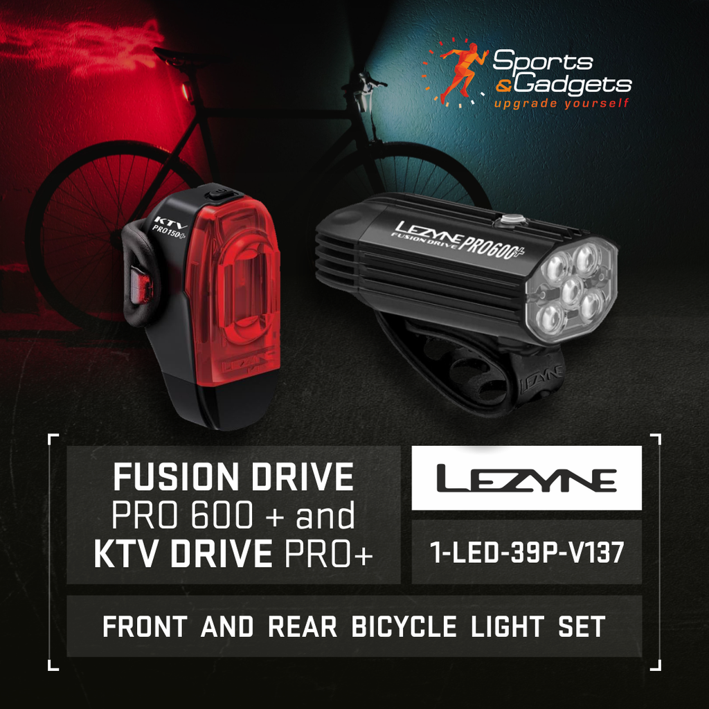 Lezyne Fusion Drive Pro 600+ and KTV Drive Pro+ Bicycle Light Set, Front and Rear Pair, 600/150 Lumen, USB-C Rechargeable (1-LED-39P-V137)