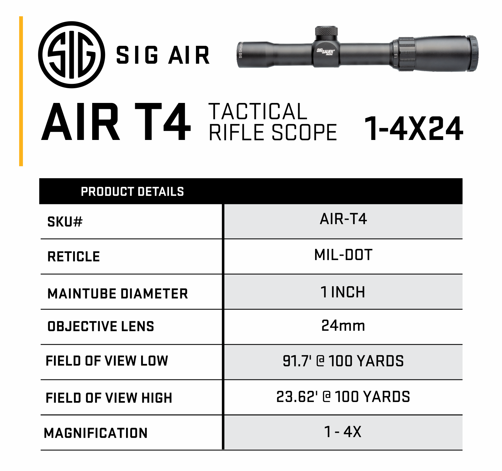 Sig Sauer AIR T4 Rifle Scope 1-4x24 MIL Dot Reticle, Multi-Coated Sig Sauer AIR T4 Rifle Scope 1-4x24 MIL Dot Reticle, Multi-Coated