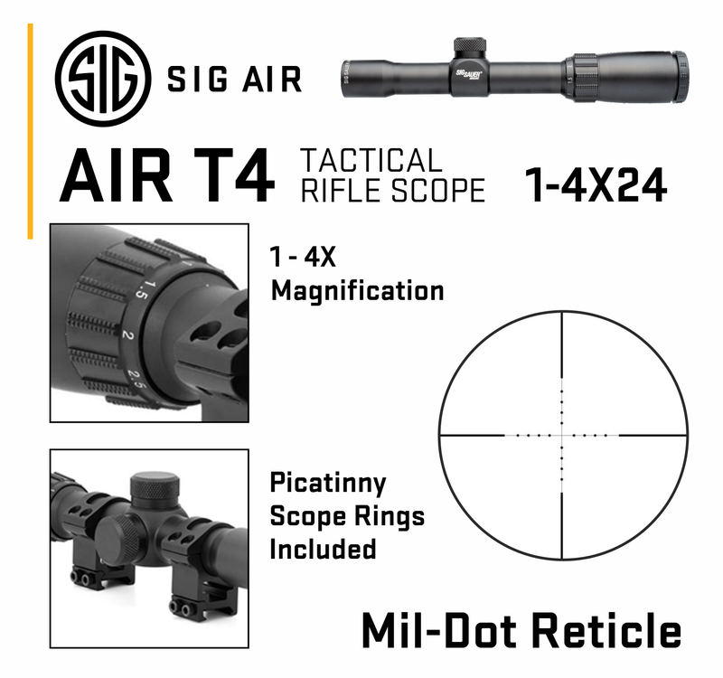 Sig Sauer AIR T4 Rifle Scope 1-4x24 MIL Dot Reticle, Multi-Coated, 1 inch Tube, Black (AIR-T4)