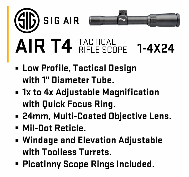 Sig Sauer AIR T4 Rifle Scope 1-4x24 MIL Dot Reticle, Multi-Coated, 1 inch Tube, Black (AIR-T4)