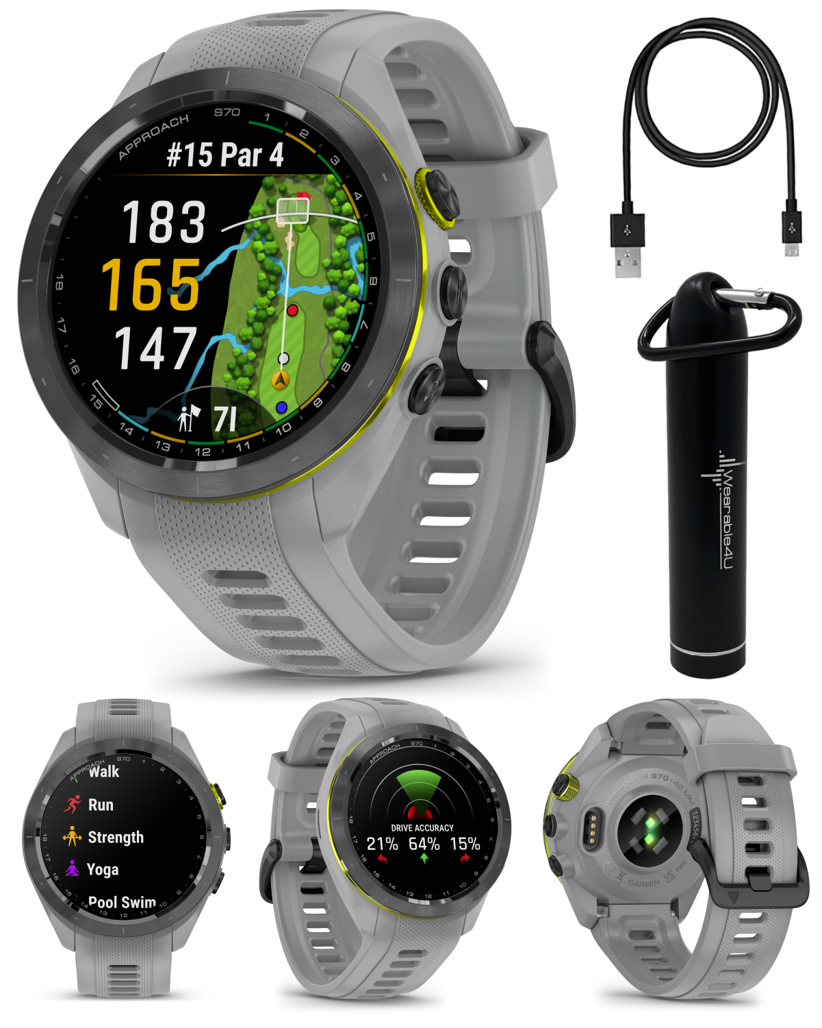 Garmin Approach S70 Premium Golf GPS Watch 43 000 Full color CourseView Maps with Wearable4U Power Bank Bundle