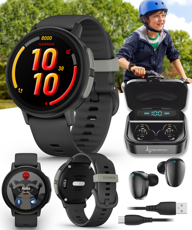Garmin Bounce 2 Kids Smartwatch with LTE – Two-Way Calling, Text Messaging, Real-Time GPS Tracking, Swim-Friendly AMOLED Display, Music with Wearable4U Bundle