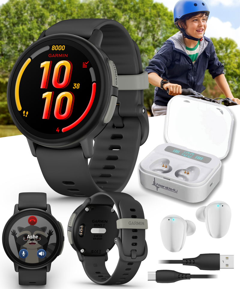 Garmin Bounce 2 Kids Smartwatch with LTE – Two-Way Calling, Text Messaging, Real-Time GPS Tracking, Swim-Friendly AMOLED Display, Music with Wearable4U Bundle