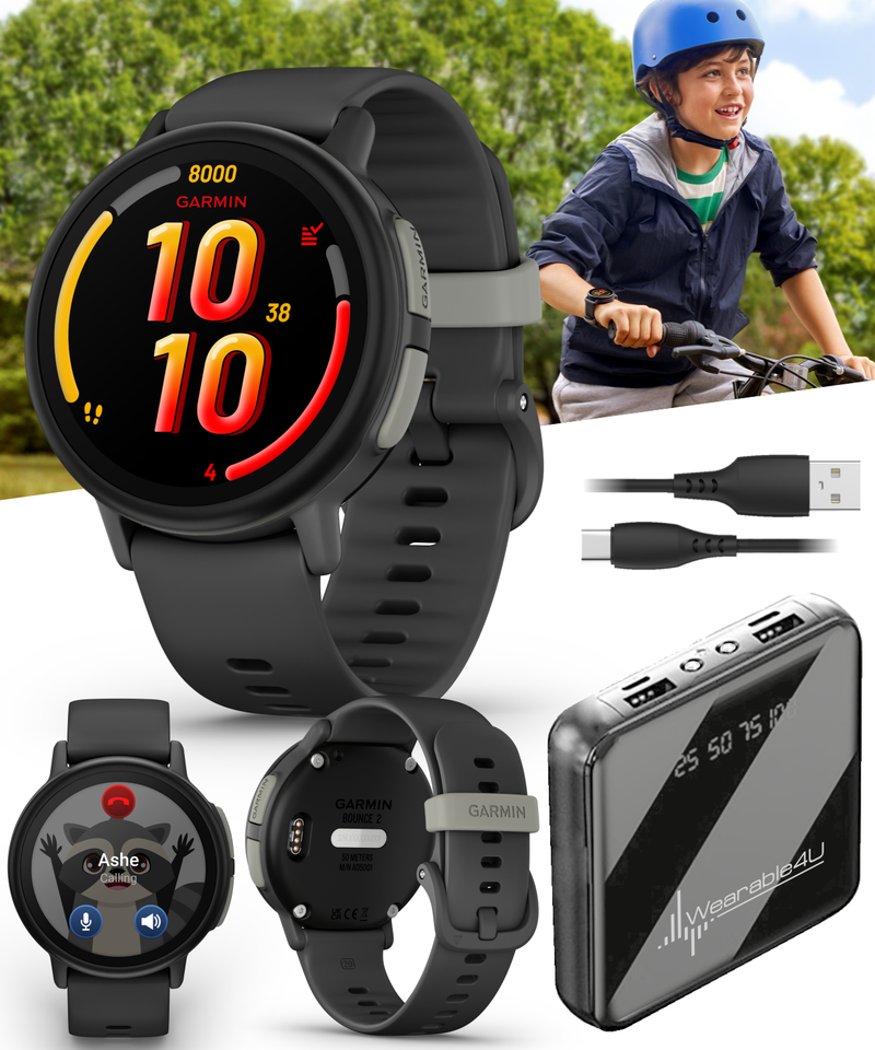 Garmin Bounce 2 Kids Smartwatch with LTE – Two-Way Calling, Text Messaging, Real-Time GPS Tracking, Swim-Friendly AMOLED Display, Music with Wearable4U Bundle