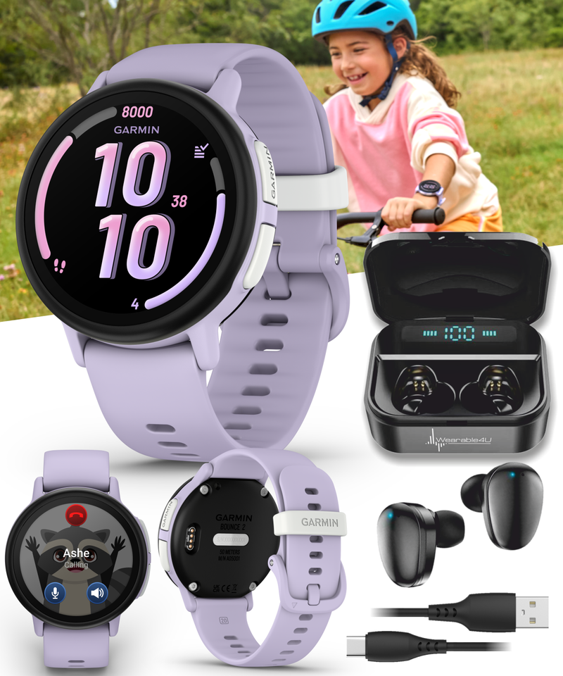Garmin Bounce 2 Kids Smartwatch with LTE – Two-Way Calling, Text Messaging, Real-Time GPS Tracking, Swim-Friendly AMOLED Display, Music with Wearable4U Bundle