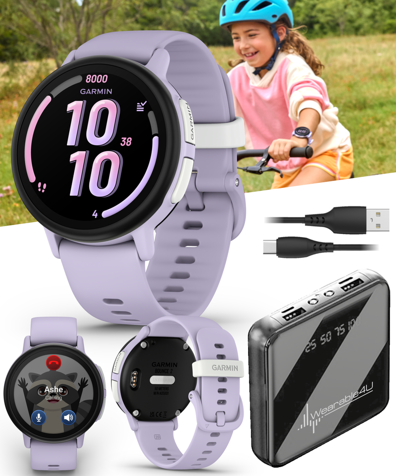 Garmin Bounce 2 Kids Smartwatch with LTE – Two-Way Calling, Text Messaging, Real-Time GPS Tracking, Swim-Friendly AMOLED Display, Music with Wearable4U Bundle