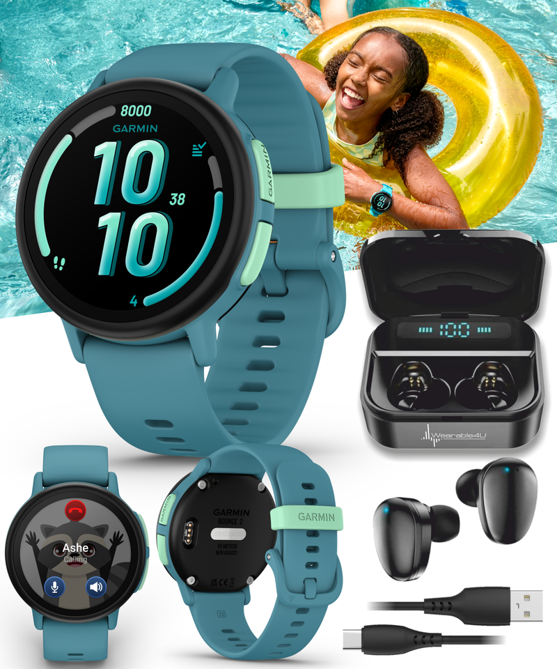 Garmin Bounce 2 Kids Smartwatch with LTE – Two-Way Calling, Text Messaging, Real-Time GPS Tracking, Swim-Friendly AMOLED Display, Music with Wearable4U Bundle