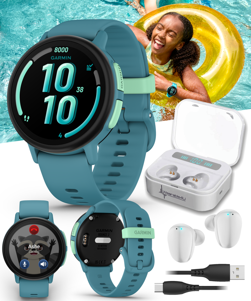 Garmin Bounce 2 Kids Smartwatch with LTE – Two-Way Calling, Text Messaging, Real-Time GPS Tracking, Swim-Friendly AMOLED Display, Music with Wearable4U Bundle