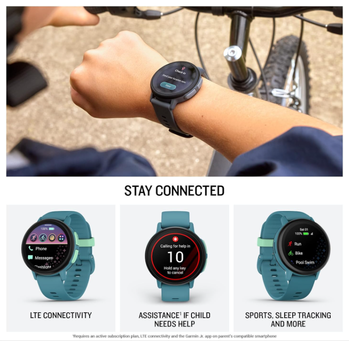 Garmin Bounce 2 Kids Smartwatch with LTE – Two-Way Calling, Text Messaging, Real-Time GPS Tracking, Swim-Friendly AMOLED Display, Music with Wearable4U Bundle