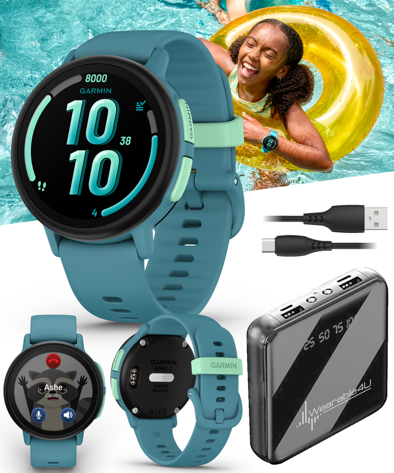Garmin Bounce 2 Kids Smartwatch with LTE – Two-Way Calling, Text Messaging, Real-Time GPS Tracking, Swim-Friendly AMOLED Display, Music with Wearable4U Bundle