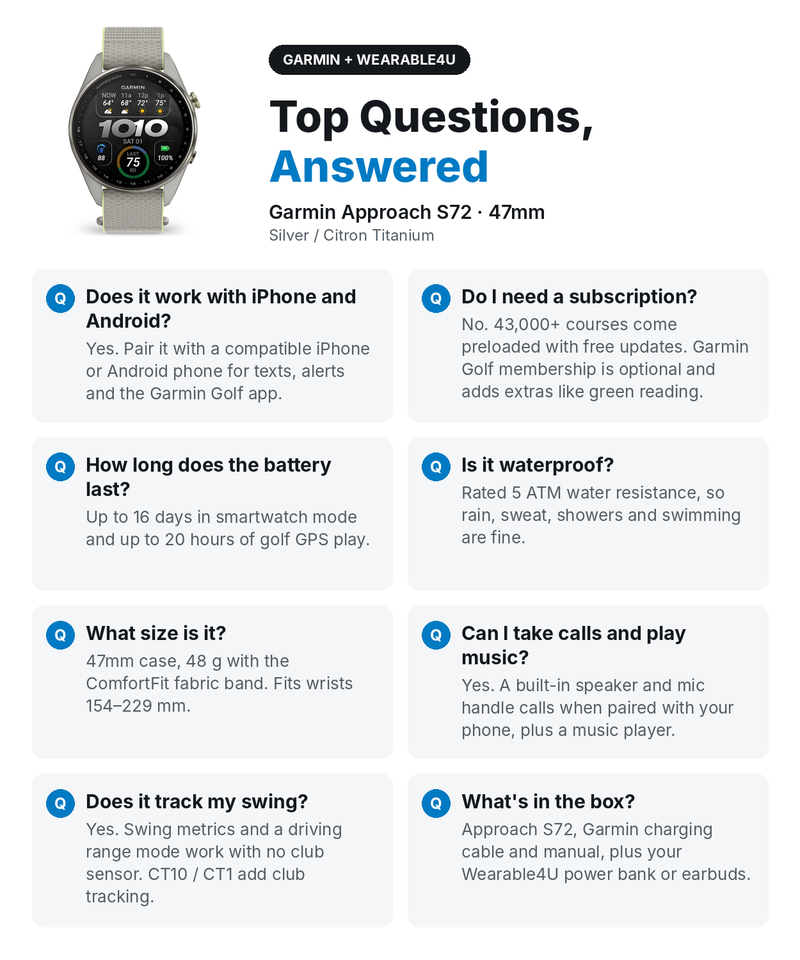 Garmin Approach S72 Golf GPS Smartwatch, AMOLED, Advanced Golf Features, Green Reading, Swing Metrics, 43,000+ CourseView Maps | Wearable4U Bundle