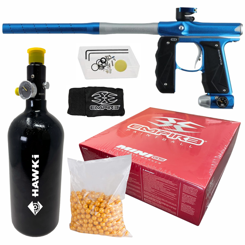 Tippmann Empire Mini GS Paintball Marker 2 Piece Barrel Dust Blue / Dust Silver (17385) with Hawki HPA Tank 48ci and 500x Paintballs Bundle