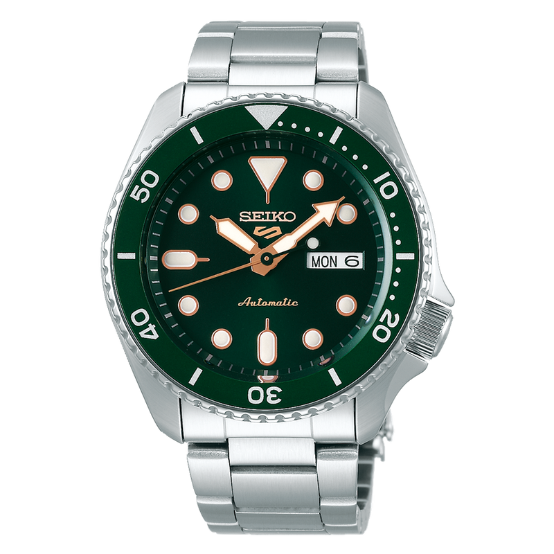 Seiko 5 Sports SRPD63 Automatic 10 ATM Water Resistant 42.5mm Green Dial with Rose Gold Accents Men's Watch