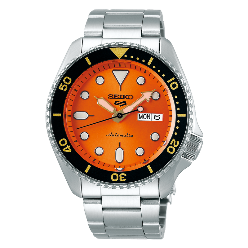 Seiko 5 Sports SRPD59 Automatic 10 ATM Water Resistant 42.5mm Orange Sunray Dial with Gold and Black accents Men's Watch