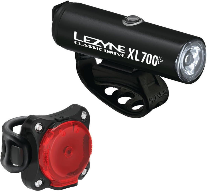 Lezyne Classic Drive XL 700+ and Zecto Drive 200+ Bicycle Light Set, 700/200 Lumen, Front and Rear Pair, White/Red LED, USB-C Rechargeable (1-LED-30P-V537)