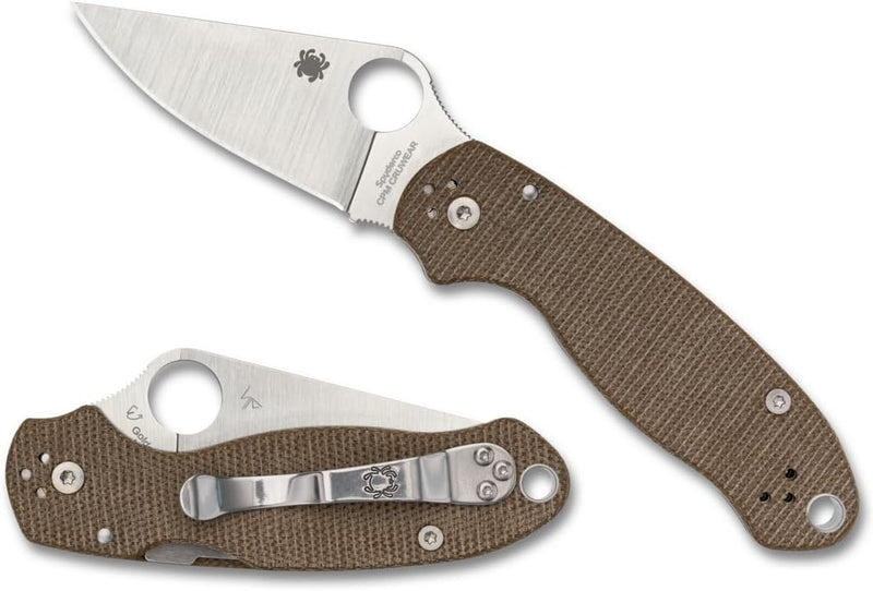 Spyderco Para 3 Brown Canvas Micarta CPM CRU-WEAR 2.93" PlainEdge Folding Pocket Knife (C223MPCW)