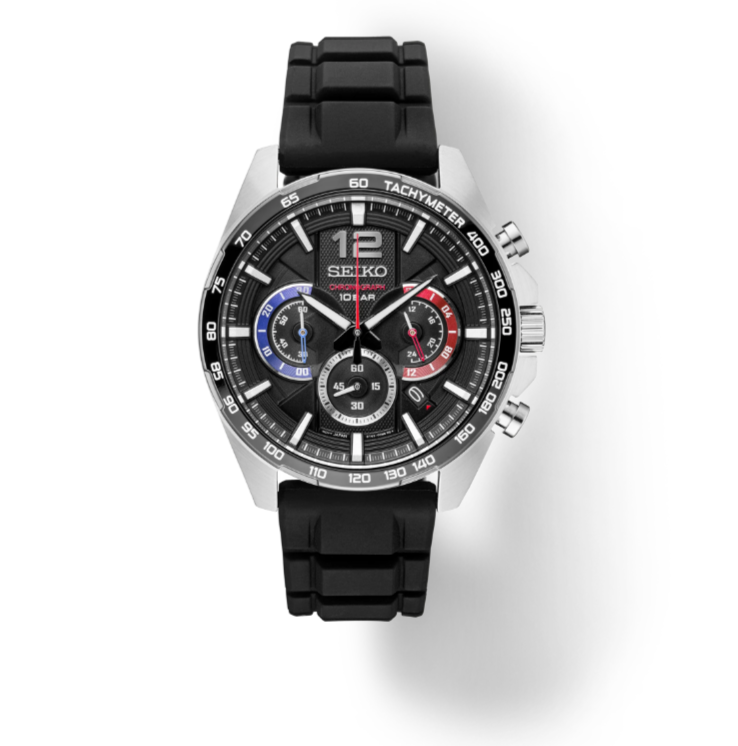 Seiko Essentials SSB347 Black multi-layered dial with Red and Blue Accents 10 ATM Water Resistant 43.9mm Men's Watch