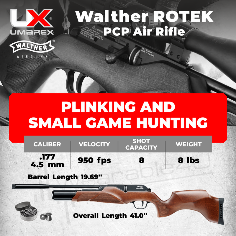 Walther Rotek .177 Caliber Air Rifle with Included Pack of 500 Pellets Bundle (Pellets Caliber/Weight .177/7.48 Grains) and Wearable4U Cloth
