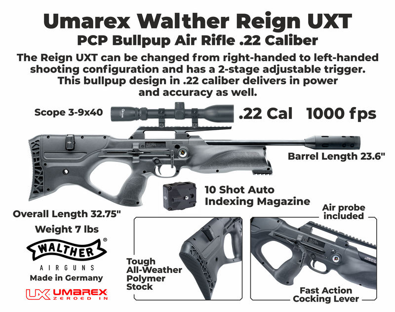 Umarex Walther Reign UXT PCP Pellet Black Air Rifle .22 Caliber 1000fps or .25 Caliber 870fps