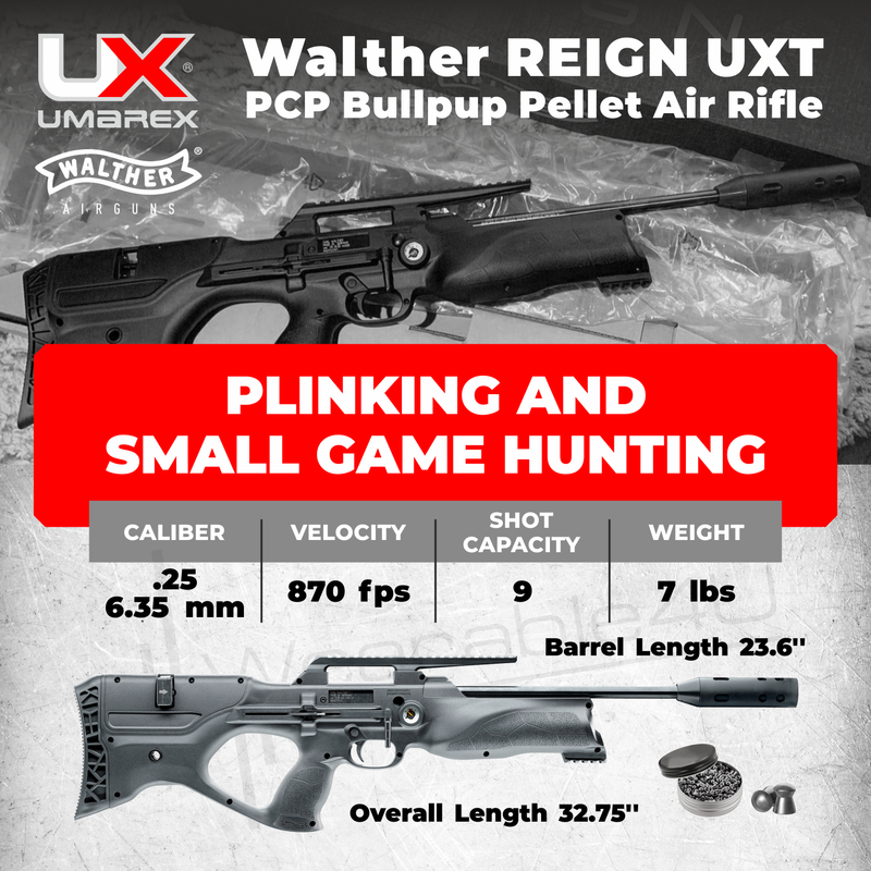 Umarex Walther Reign UXT PCP Pellet Black Air Rifle .25 or .22 Caliber with Wearable4U Bundle (MAY VARY)