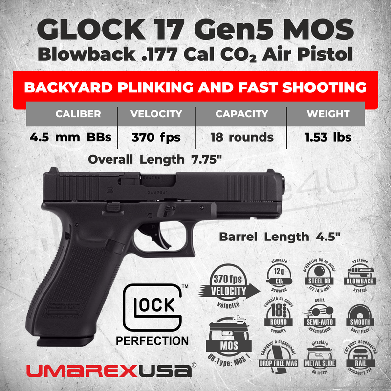 Umarex Glock 17 Gen 5 MOS Modular Optic System Blowback .177 Cal CO2 Air Pistol (2255219)