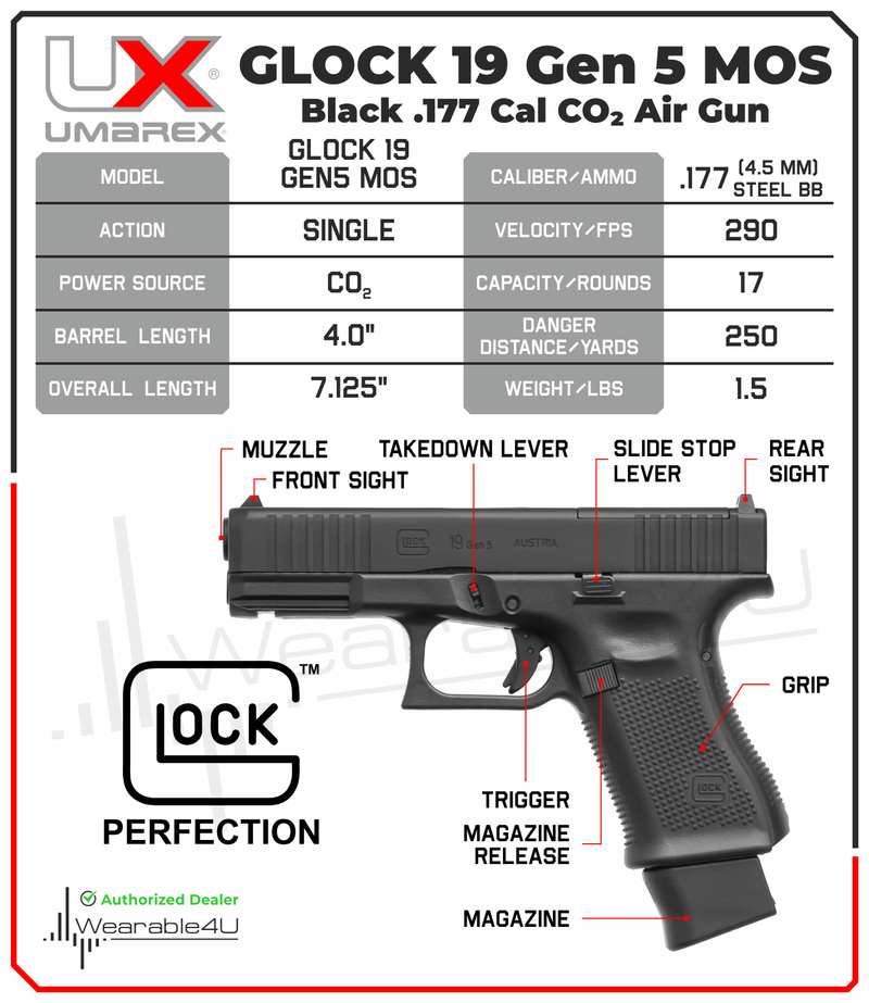 Umarex GLOCK 19 Gen 5 MOS .177 Cal Blowback CO2 Air Pistol (2255230)