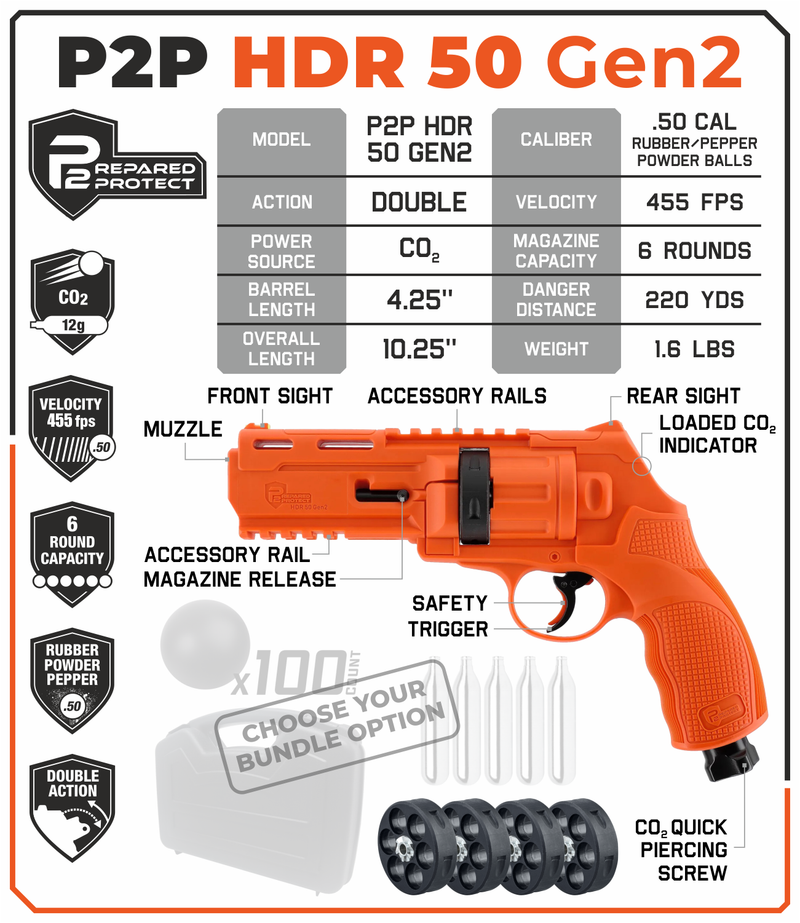Umarex T4E P2P HDR 50 GEN 2 .50 Caliber, Self-Defense, Home-Defense Launcher (13J, 455fps, Orange, Limited Edition)
