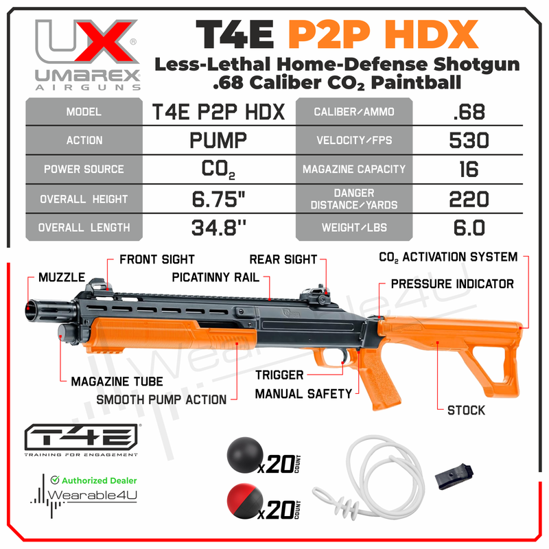 Umarex T4E by P2P HDX Less-Lethal Home-Defense Shotgun .68 Caliber CO2 Paintball (High Joules) Shotgun BLK/Orange (2292306)