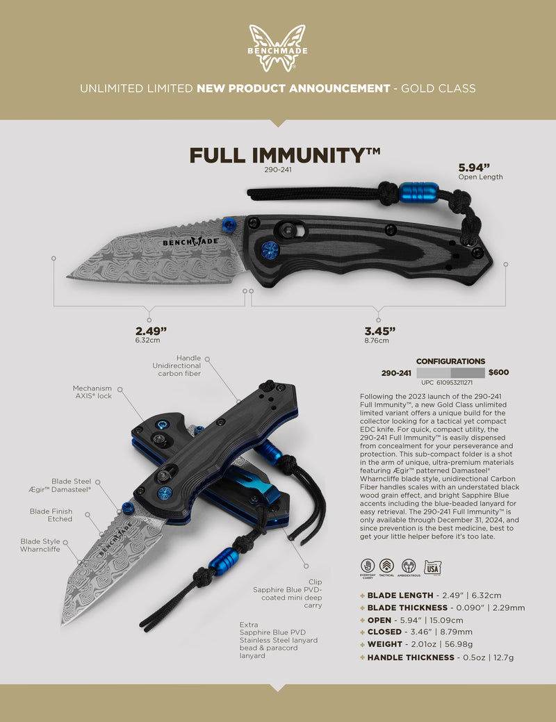 Benchmade 290-241 Full Immunity Unidirectional 2.49" Gold Class Carbon Fiber Wharncliffe Knife