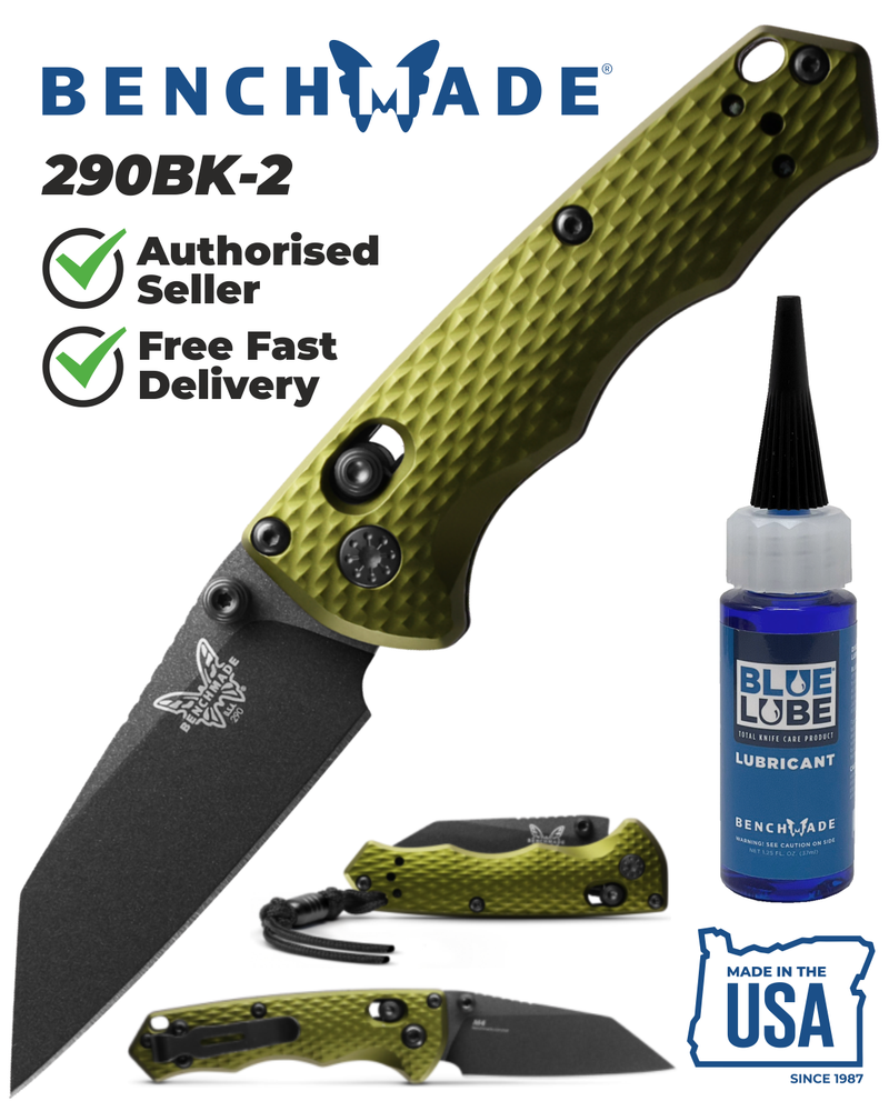 Benchmade 290BK-2 Full Immunity Black CPM-M4 Woodland Green Handle 2.49'' Plain Edge Pocket Knife with Benchmade Blue Lube Lubricant for knives 37ml 1.25fl oz (Made in USA)