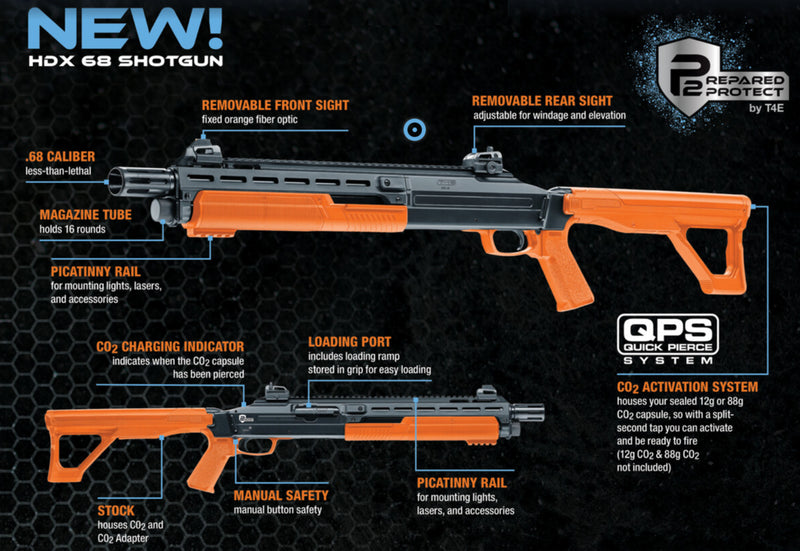 Umarex T4E by P2P HDX Less-Lethal Home-Defense Shotgun .68 Caliber CO2 Paintball (High Joules) Shotgun BLK/Orange (2292306)