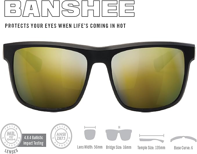 Vortex Optics Banshee Sunglasses UV Protection, Polarized, Ballistic Rated, Black/Amber - Gold Mirror (EBA-BKA-GL)