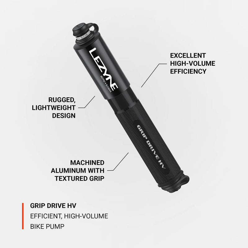 Lezyne Grip Drive HV Medium Bicycle Hand Pump, High Volume 90 PSI, ABS Flex Hose, Compact, Portable, High Performance Bike Tire Air Pump
