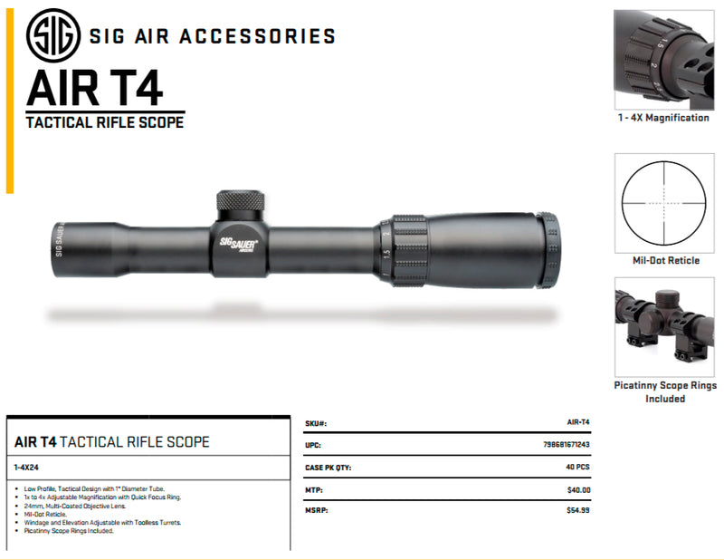 Sig Sauer AIR T4 Rifle Scope 1-4x24 MIL Dot Reticle, Multi-Coated, 1 inch Tube, Black (AIR-T4)