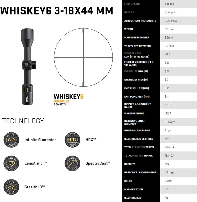 Sig Sauer WHISKEY6 3-18x44 mm Quadplex Waterproof SFP Riflescope (SOW63113)
