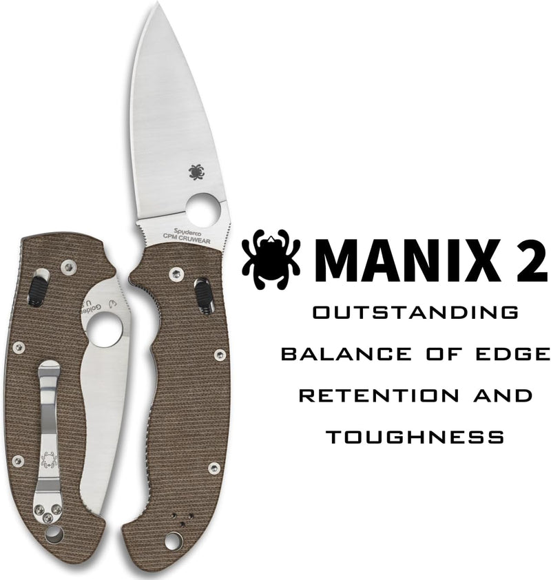 Spyderco Manix 2 XL Brown Canvas Micarta CPM Cru-Wear 3.85" Plain Edge Folding Pocket Knife (C95MPCW2)