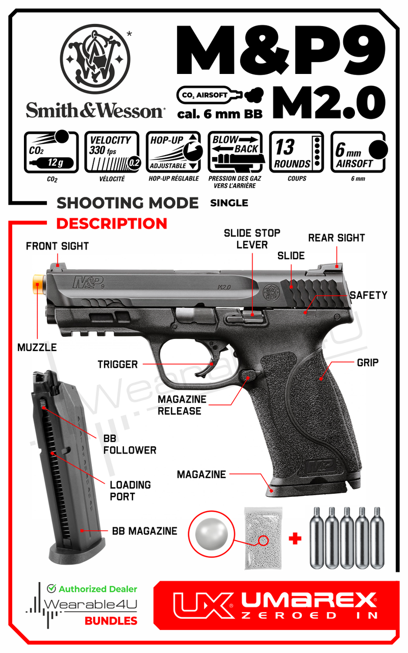 Umarex S&W M&P9 M2.0 C02 Blowback Airsoft BB Pistol with 5 x 12g CO2 Tanks and Wearable4U Pack of 1000 6mm BBs Bundle