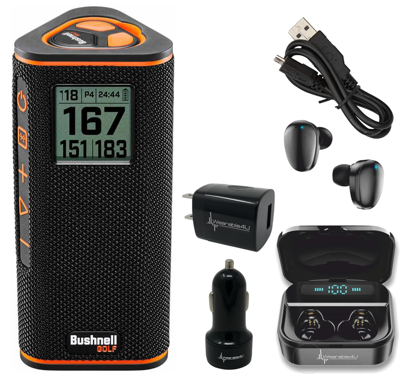 Bushnell Wingman View Golf GPS Bluetooth Speaker with Wearable4U Ultimate EarBuds and Wall and Car Chargers Bundle