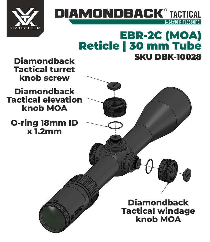 Vortex Optics Diamondback Tactical 6-24x50 EBR-2C (MOA) 30mm Tube Riflescope ( DBK-10028) with 30mm High Rings (1.18in) Set and Free Black Camo Hat Bundle